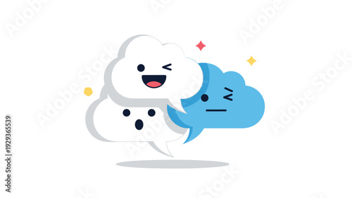 Group of three fluffy clouds with different cute facial expressions including happy, surprised, and neutral on white background.