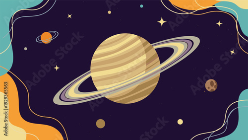 Pixel art illustration of planet Saturn with its rings surrounded by smaller planets and stars in a dark purple sky.