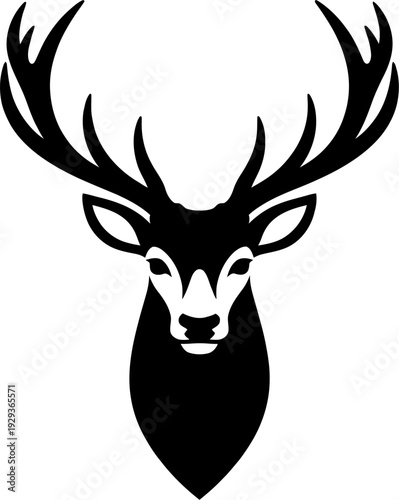 Deer Head with Antlers Front View, Buck Stag Silhouette Illustration, Majestic Elk Portrait, Monochrome Hunting Trophy Design