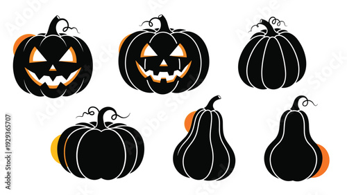 Selection of various black pumpkin silhouettes some with scary faces and orange highlights for Halloween decorations.