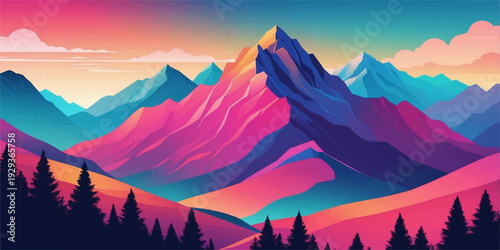 Beautiful sunset and sunrise over snowy mountain peaks and forest valleys with a misty morning sun glowing through clouds in a panoramic winter nature landscape panorama