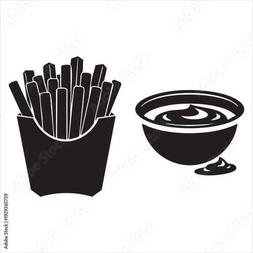 French fries and dipping sauce in a stark black silhouette