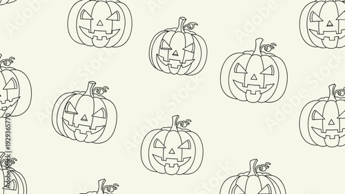 Repeating pattern of scary carved pumpkins with different expressions in thin lines on a light beige background.