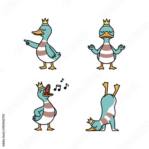 Cuadro en lienzo Cartoon duck king dancing and singing with crown on white background