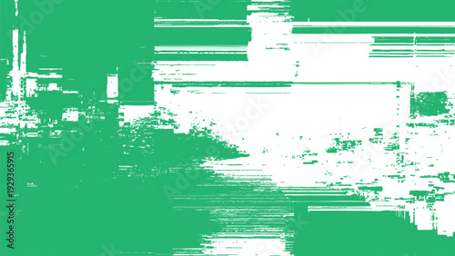 Abstract green and white digital glitch effect background with distorted lines