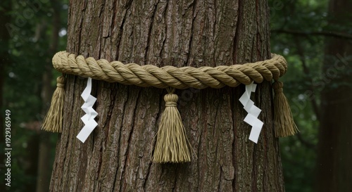 神社の御神木に巻かれた注連縄と紙垂