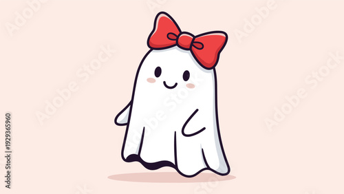 Friendly cartoon ghost character wearing a bright red bow on its head in a cute and spooky illustration for festive Halloween celebrations.