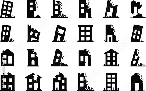 Black and white illustrations of damaged buildings in various states of destruction
