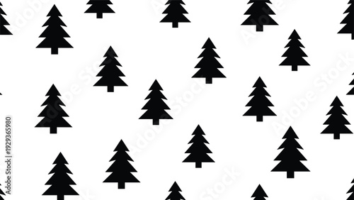 Minimalist pattern of small black pine tree silhouettes arranged on a solid white background for seasonal winter and Christmas design projects.