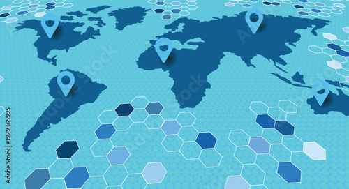 Abstract Global Map with Location Markers and Hexagonal Pattern in Blue Tones for Technology and Connectivity Themes