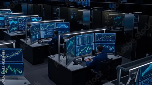 A video showcasing a futuristic trading floor with multiple screens displaying financial data in a dark room