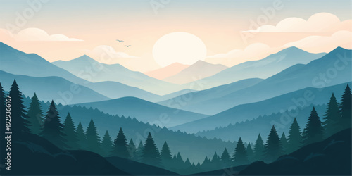 Sunrise over the misty mountain peaks in a morning landscape view featuring a forest valley under a blue sky with clouds