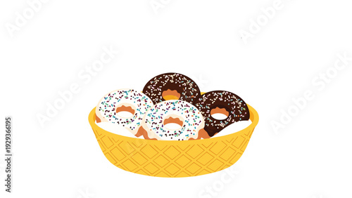 Woven basket filled with various delicious looking donuts with chocolate and white icing and colorful sprinkles for a sweet breakfast treat.