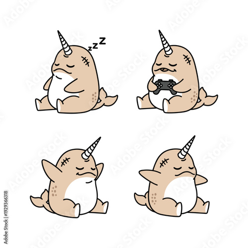 Cartoon narwhal character set with different facial expressions on white background