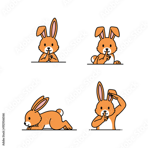 Cartoon rabbit exercising in different yoga poses on white background with copy space