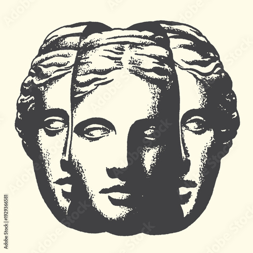Surreal illustration of three faces from classical sculpture merged together in a circle, art nouveau style