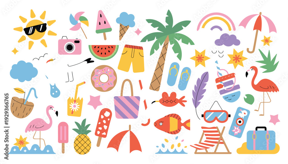 Fototapeta premium Cute Beach Icon Set, Colorful Summer Holiday Hand Drawn Vector Illustration Collection for Vacation Design, Greeting Cards, Posters and Seasonal Graphics