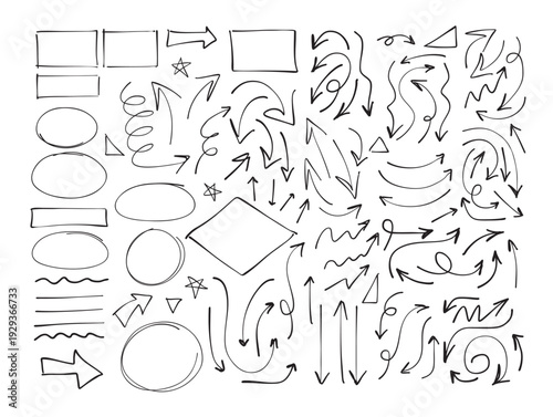 Hand drawn doodle arrows and frames set, sketch style direction pointers collection, curved and straight navigation symbols, black line art vector elements for infographic, presentation, web design