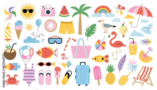 Cute Beach Icon Set, Colorful Summer Holiday Hand Drawn Vector Illustration Collection for Vacation Design, Greeting Cards, Posters and Seasonal Graphics