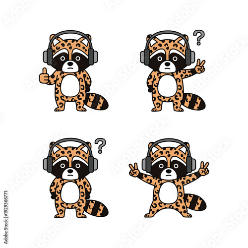 Funny cartoon raccoons wearing headphones and expressing different emotions with gestures