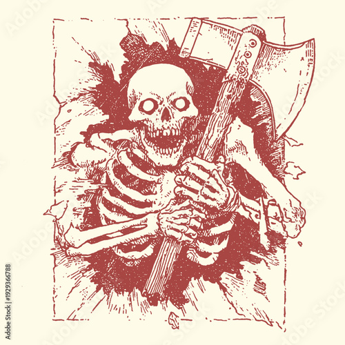 Terrifying skeleton warrior with a large axe illustration, red ink, broken border, horror, dark fantasy