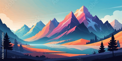 Panoramic view of snowy mountain peaks glowing in blue light during sunrise and sunset with clouds, mist, and a peaceful valley below