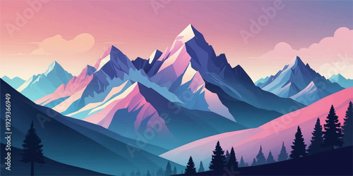 Sunrise and sunset over a snowy mountain landscape with peak views of the forest valley under a cloudy morning sky with mist and sun