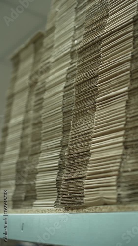 Massive stacks of corrugated cardboard sheets in a factory warehouse prepared for packaging production