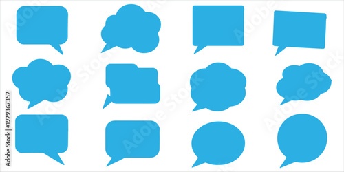 Collection of twelve blue speech and thought bubbles in various shapes on white background speech bubble