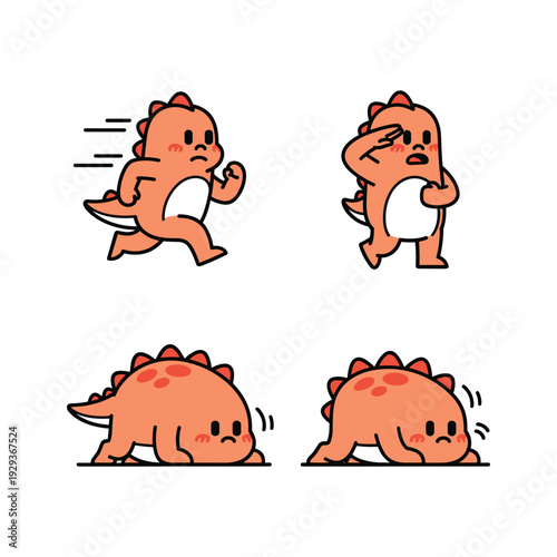Cute cartoon dinosaur exercising and stretching with funny expressions