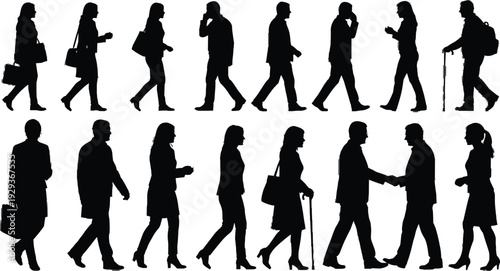 Business people silhouettes walking meeting handshake commute professional lifestyle office crowd vector isolated