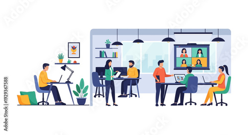 Hybrid Work Environments: Remote Office, Team Collaboration, and Video Conferencing Illustration