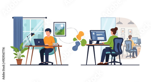 Remote Work & Hybrid Office Collaboration Illustration: Connecting Distributed Teams Online