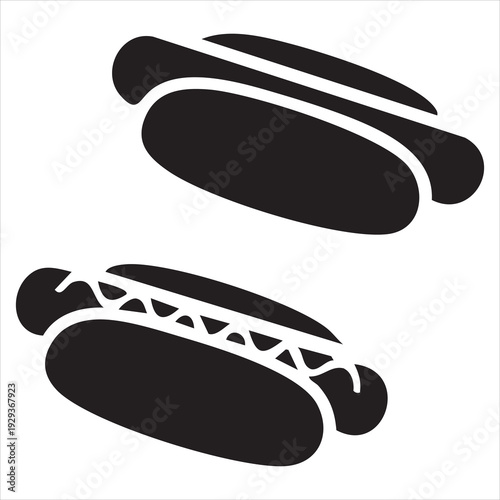 Hot dog minimal icon, black silhouette isolated on white. Hot dog with and without mustard or ketchup. Vector clipart for minimalist fast food design or logo.