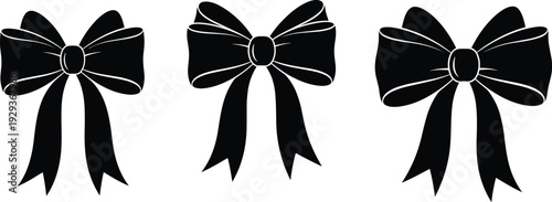 Set of Elegant Black Silk Ribbon Bow Silhouettes Isolated on White Background for Luxury Gift Packaging Greeting Cards and Fashion