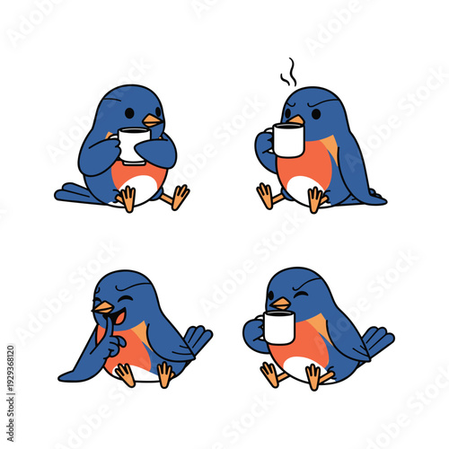 Billede på lærred Cartoon bluebird drinking coffee in various emotional states with copy space