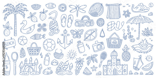 Cute Hand Drawn Mediterranean Summer Beach Doodle Set with Sea Animals, Tropical Fruits, Drinks, Shells and Water Activities, Dolce Vita Italian Travel Icon Elements Vector Collection