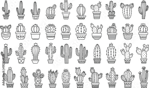 Set of Hand Drawn Cactus and Succulent Line Art Icons in Decorative Pots for Creative Nature Branding and Desert Illustrations
