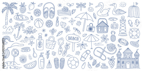 Cute Hand Drawn Mediterranean Summer Beach Doodle Set with Sea Animals, Tropical Fruits, Drinks, Shells and Water Activities, Dolce Vita Italian Travel Icon Elements Vector Collection