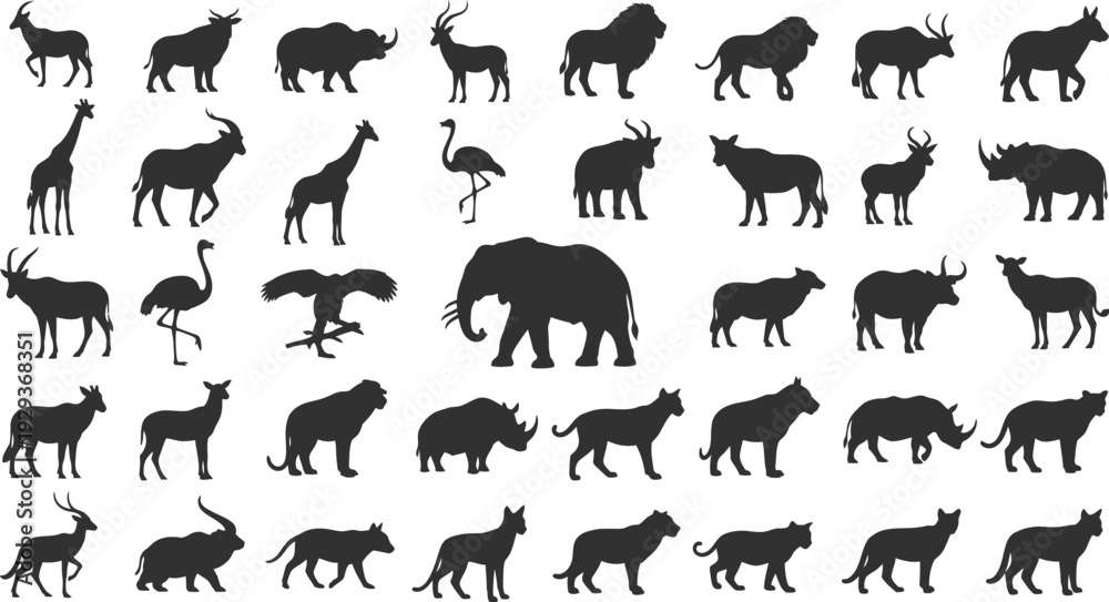 Naklejka premium Collection of diverse animal silhouettes on white background