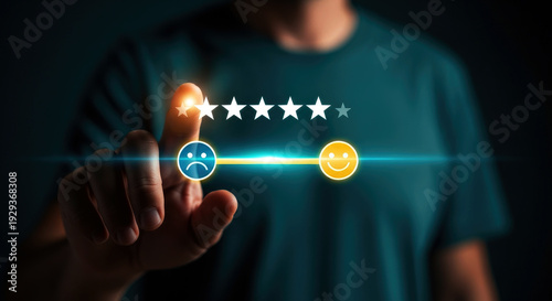 A person interacting with glowing digital icons and rating stars