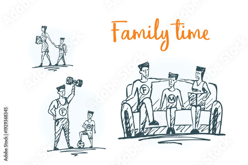 Family Time Sketch - parents and children relaxing together