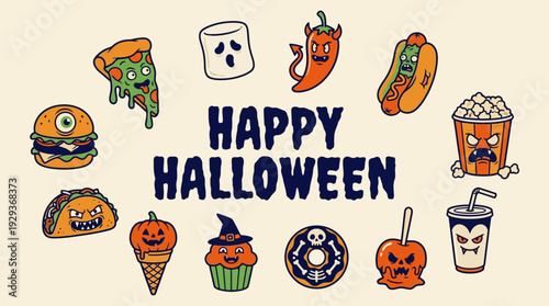 Happy Halloween Spooky Cartoon Food & Treats Illustration Set