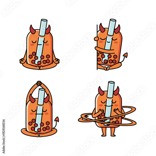 Cartoon devil character using smartphone in various poses with angry expression