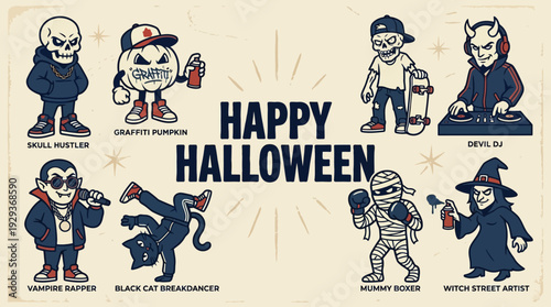 Happy Halloween Urban Street Style Characters. Cool Skulls, Graffiti Pumpkin, Devil DJ, Vampire Rapper, Breakdancer Cat, Mummy Boxer, Witch Artist Vector Set.
