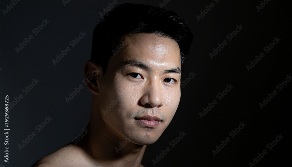 Obraz premium Korean man with short black hair and bare shoulders looks directly at camera with calm expression under cool lighting