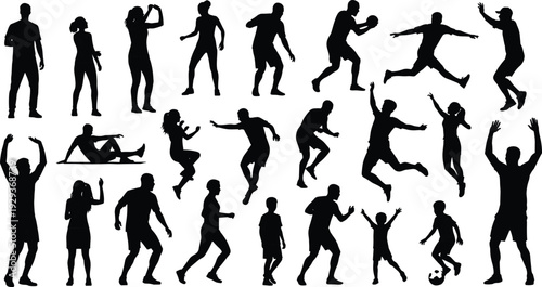 Silhouettes of people playing sports and exercising set isolated on white background vector collection,