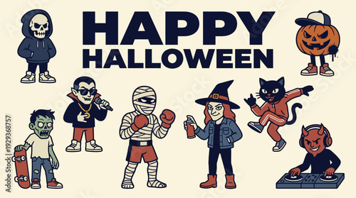 "Happy Halloween" text with a cool collection of retro-style urban characters: a skeleton, zombie, vampire, mummy, witch, black cat, pumpkin head, and devil DJ.