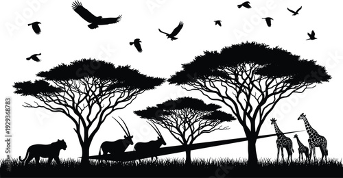 Set of photographer silhouettes and African safari landscape with wild animals like lion giraffe oryx and birds flavector vector illustration.