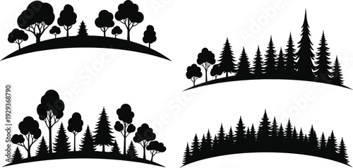 Set of Pine and Deciduous Forest Silhouettes with Curved Horizon Lines for Nature Landscape flavector Outdoor Environment Vector Illustration Design